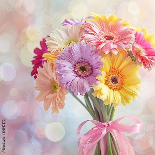 A bouquet of different colored gerbera daisies with a pink ribbon at the bottom against a blurred background of pink and purple.