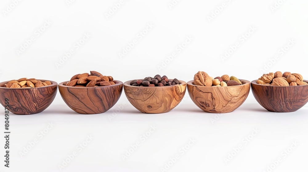 A row of different types of nuts in wooden bowls, representing good fats and brain health