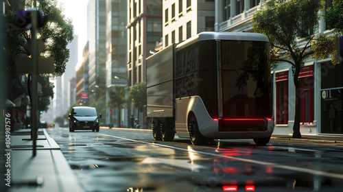 sleek and modern electric delivery truck navigating city streets with ease with zero emissions and quiet operation contributing to cleaner and greener urbenvironment. photo