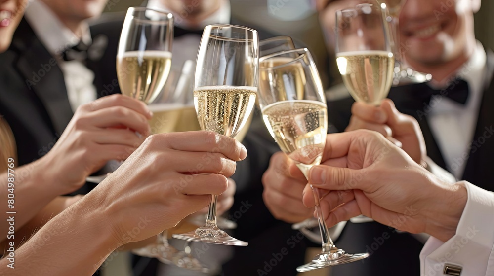 A group of people are toasting with champagne glasses.