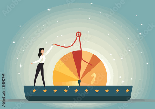 Professional business review: Confident businesswoman controlling rating gauge for excellence - quality, satisfaction, performance measurement vector illustration