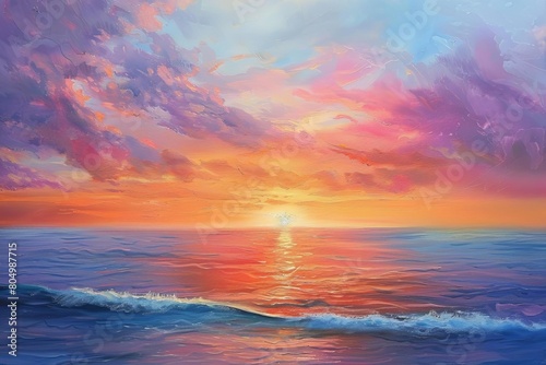 A beautiful painting of a sunset over the ocean