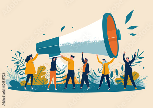 Diverse Business Group Public Speaking with Megaphones - Marketing Communication, Promotion Announcements, Employee Relations Illustration