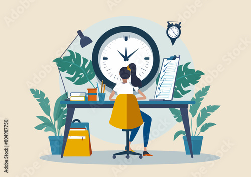 Late Working Ambitious Young Businesswoman Checking Laptop, Checklist, Alarm Clock - Productivity Boost, Time Management, Workflow Efficiency Vector Illustration