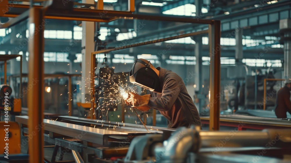 A man with a welding helmet is welding metal in a factory