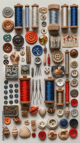 clip art spaced evenly apart of digital scrapbook paper featuring small vintage ephemera items like thimbles, wooden buttons, vintage spools of thread, acorn shells.