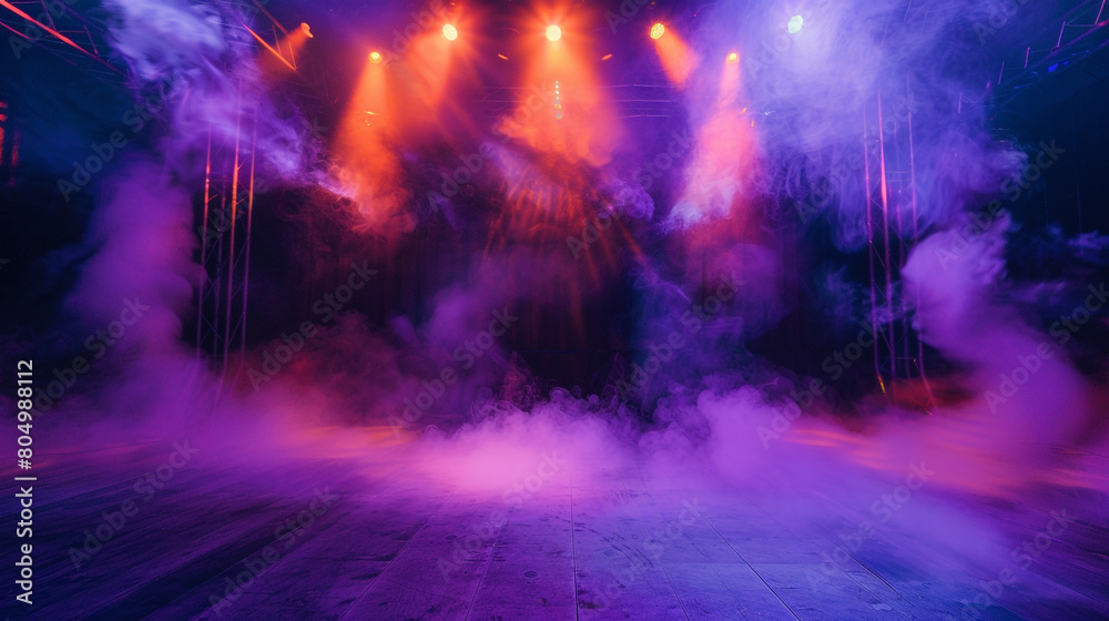 Deep purple smoke wafting over a stage under a neon orange spotlight, creating a regal, vibrant setting.