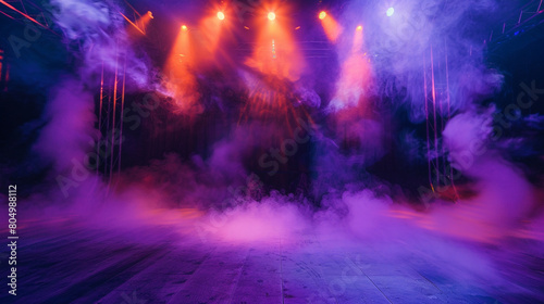 Deep purple smoke wafting over a stage under a neon orange spotlight  creating a regal  vibrant setting.