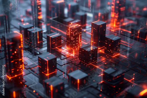 An eerie 3D visualization of a firewall as a digital fortress with AI algorithms constantly adapting its defenses to new cyber threats 