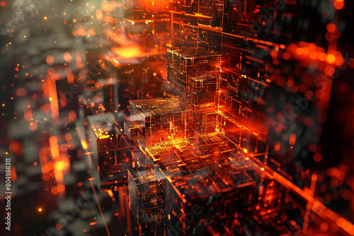 An eerie 3D visualization of a firewall as a digital fortress with AI algorithms constantly adapting its defenses to new cyber threats 