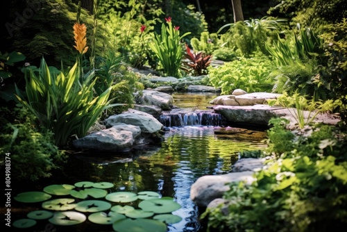 A gentle stream flows into the pond  creating a soothing soundtrack to the garden s natural symphony.