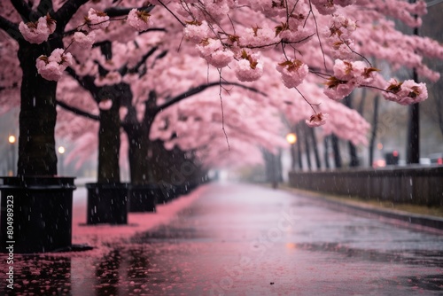 A gentle rain begins to fall  causing the cherry blossoms to glisten like diamonds.