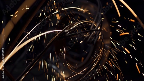 Close-up of sparks flying from a grinding wheel against metal, intense focus, dramatic lighting. 