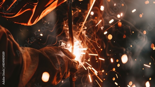 Welder's hands joining metal parts, close view of molten metal and torch, sharp, bright light.