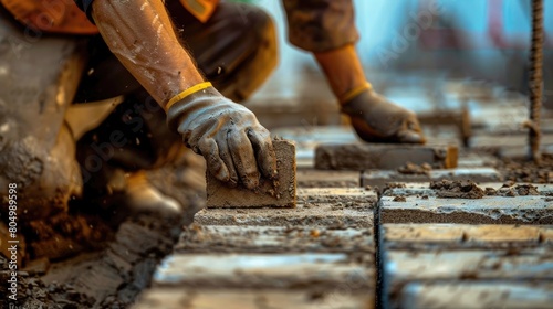 Closeup of industrial bricklayer laying bricks at construction site, Repair building and brickwork, aesthetic look