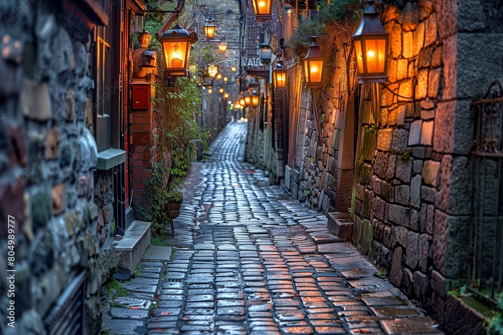 Fototapeta premium Picturesque Alleyway Adjacent to Renowned Theaters and Bistros