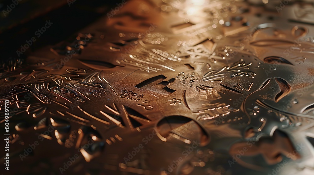 Metal stamps pressing patterns into a copper sheet, close view, sharp details, ambient workshop light. Metal stamps pressing patterns into a copper sheet, close view, sharp details, ambient workshop light.