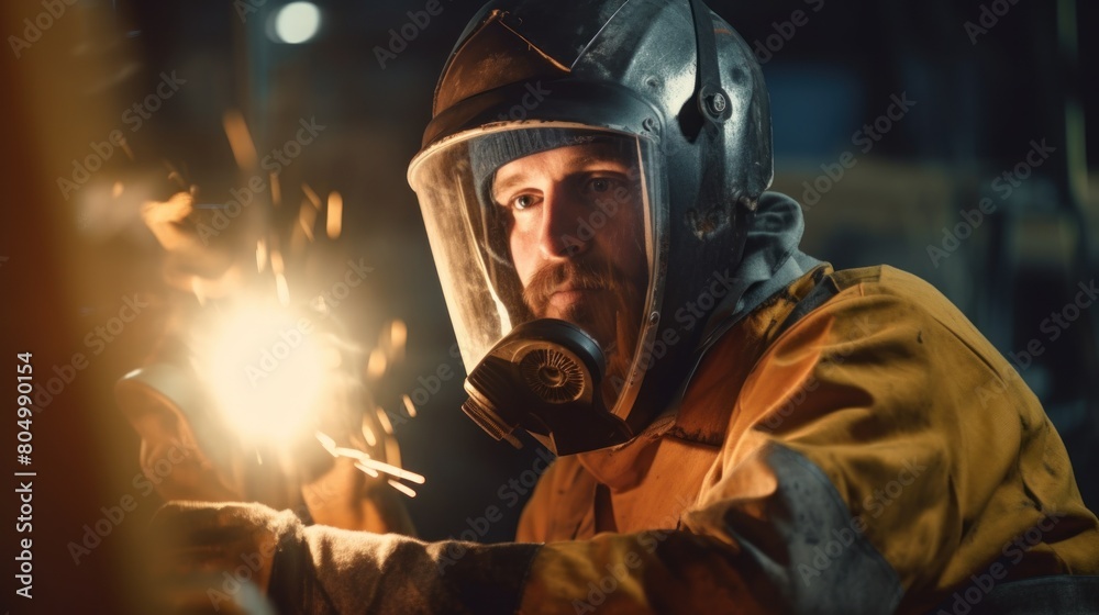 Welder in protective uniform with helmet.AI generated image Welder in protective uniform with helmet.AI generated image