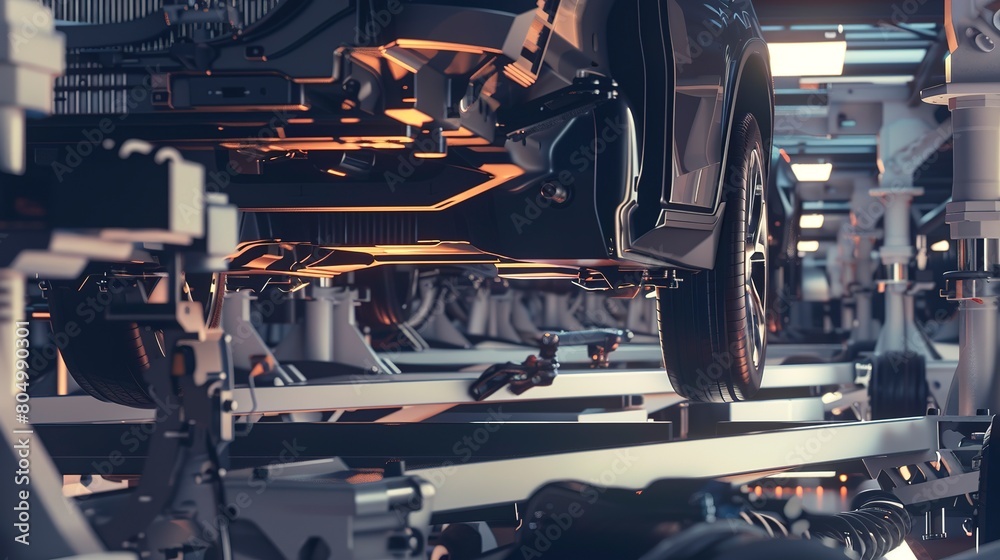 Fototapeta premium Car assembly line with a chassis being fitted with wheels, close view, detailed machinery, industrial light.
