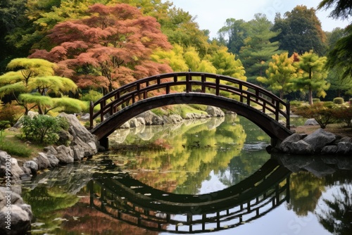 A traditional Japanese arch bridge spans the pond, its elegant curves mirroring the natural beauty around it.