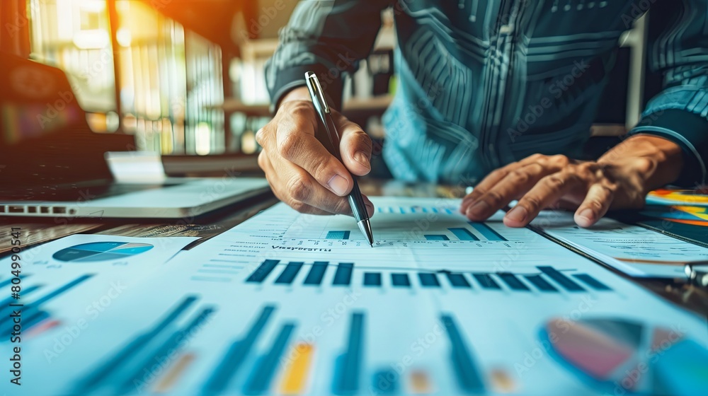 Analyzing business data with charts and laptop in office Analyzing business data with charts and laptop in office