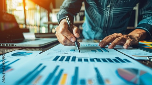 Analyzing business data with charts and laptop in office