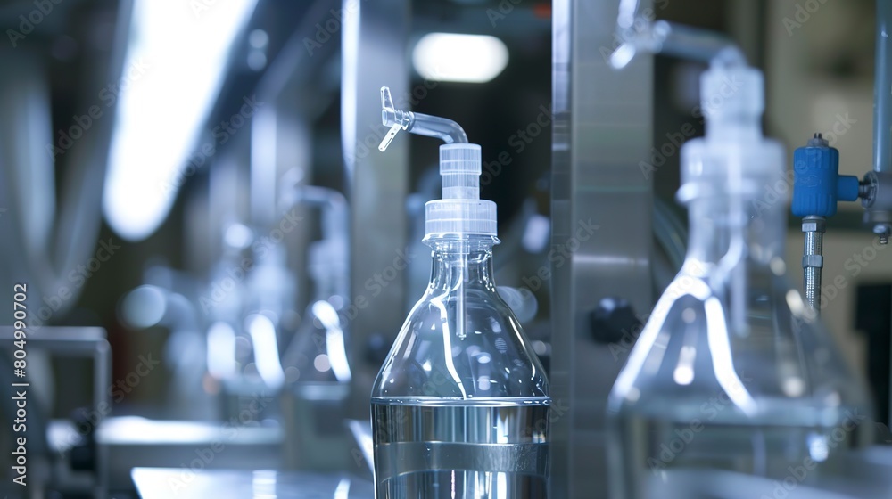 Close-up of automated bottling of cleaning chemicals, detailed view of bottles and nozzles, factory light. Close-up of automated bottling of cleaning chemicals, detailed view of bottles and nozzles, factory light.