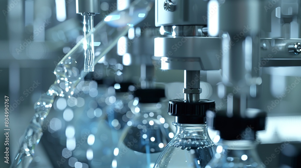 Close-up of automated bottling of cleaning chemicals, detailed view of bottles and nozzles, factory light. Close-up of automated bottling of cleaning chemicals, detailed view of bottles and nozzles, factory light.