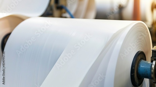 Close-up of paper rolling off the production line, smooth texture visible, sharp focus, bright factory light. 
