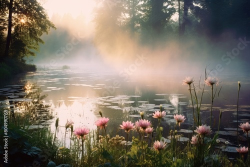 A soft mist rises from the pond, creating an ethereal atmosphere in the early morning.