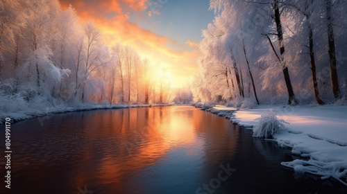 winter view at sunrise on the lake.AI generated image