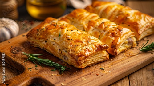 Golden puff pastry rolls on a wooden cutting board with fresh herbs