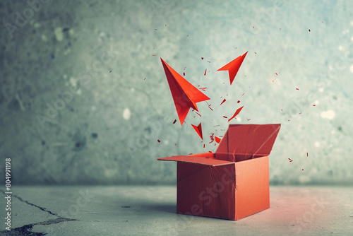 An inspiring scene of a red arrow breaking out of a box, symbolizing out-of-the-box thinking and escaping confinement   photo