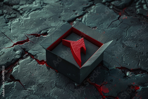 An inspiring scene of a red arrow breaking out of a box, symbolizing out-of-the-box thinking and escaping confinement   photo