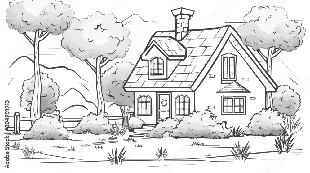 Monochrome contour of cottage in the forest