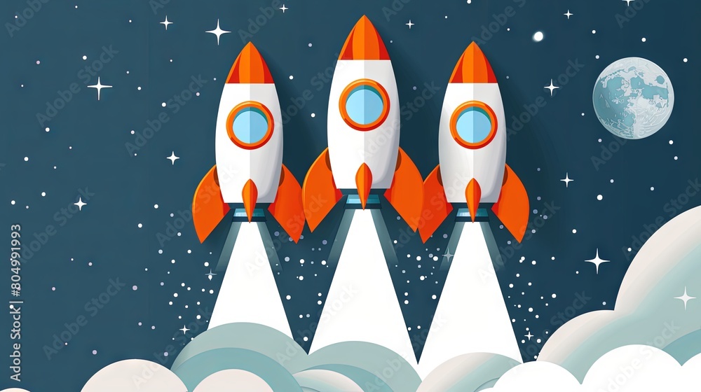 Trio of cartoon rockets launching into starry space with distant planet Trio of cartoon rockets launching into starry space with distant planet
