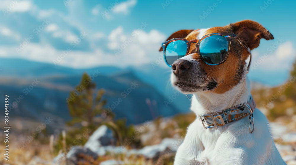 Stylish dog wearing sunglasses in mountain landscape