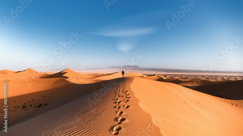 A lone traveler walks through the vast desert  leaving footprints in the sand against a backdrop of endless dunes and clear skies.