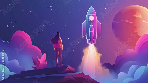 Dreamy space exploration concept with person watching rocket launch