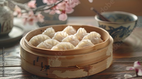 Steamed dumplings in bamboo steamer with cherry blossoms backdrop