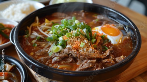 Japanese ramen noodle with beef, rice and egg