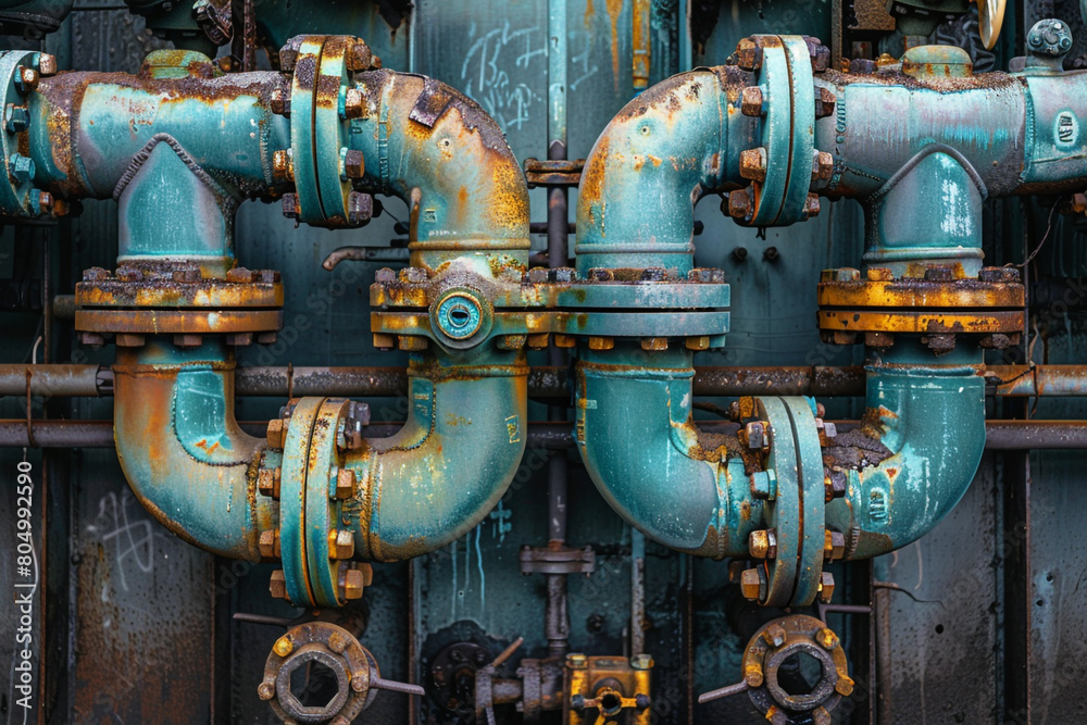 An intricate network of pipes and valves in a water treatment facility, a vital artery of modern urban infrastructure 