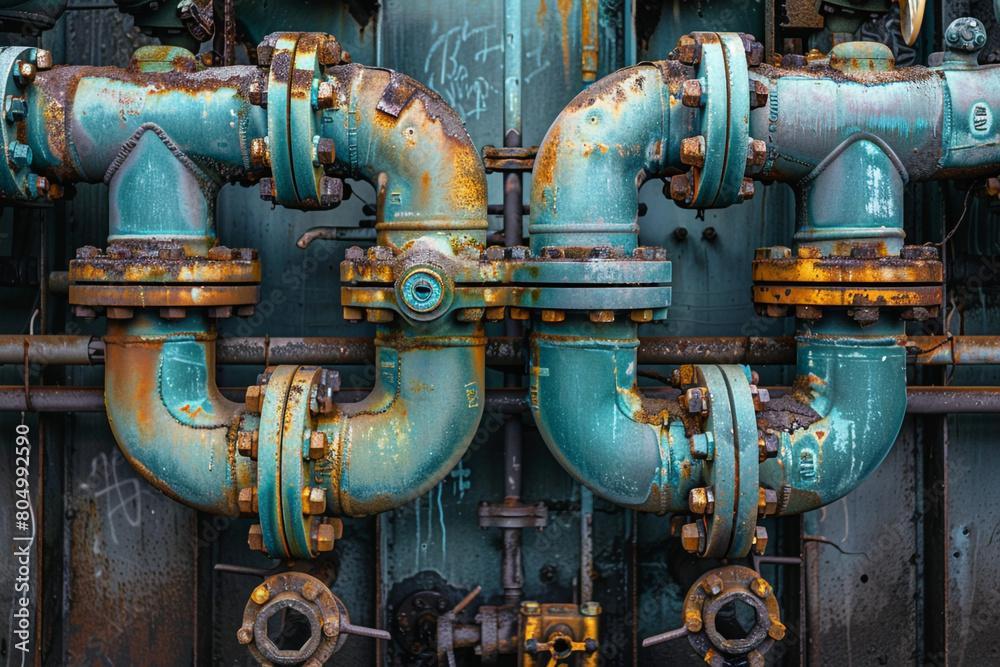 An intricate network of pipes and valves in a water treatment facility, a vital artery of modern urban infrastructure An intricate network of pipes and valves in a water treatment facility, a vital artery of modern urban infrastructure