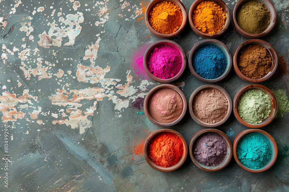 An overhead shot of Holi powder in bowls set on an ancient stone background symbolizing the tradition and heritage of the festival An overhead shot of Holi powder in bowls set on an ancient stone background symbolizing the tradition and heritage of the festival