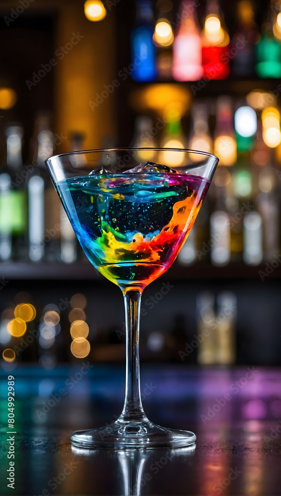 Cocktail Delight, Witness the dynamic display of colorful splashes filling a martini glass, enticing you from the bar counter.