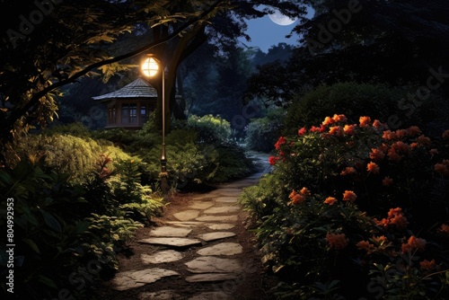 A lantern-lit path guides visitors through the garden during a moonlit evening.