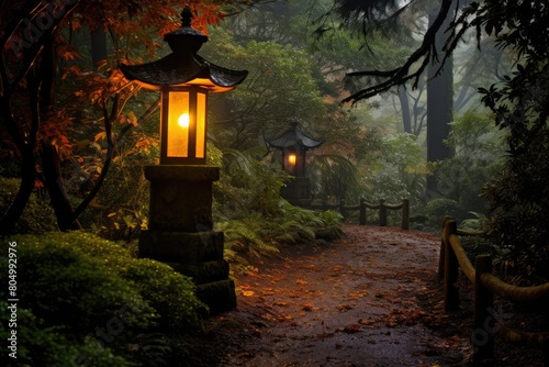 A lantern-lit path guides visitors through the garden during a moonlit evening.