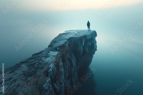 A lone figure standing at the edge of a precipice, overlooking a vast digital ocean, symbolic of existential depths photo