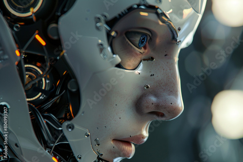 An ultra detailed close up view of a sophisticated humanoid robots face with a focus on its complex optical sensors and artificial skin 