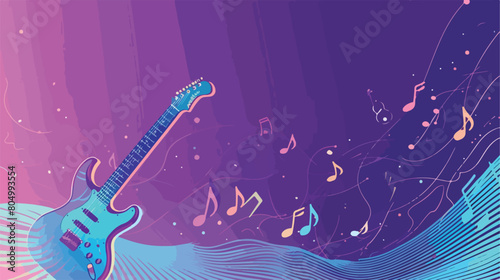 Music notes and guitar over blue and violet vector illustration